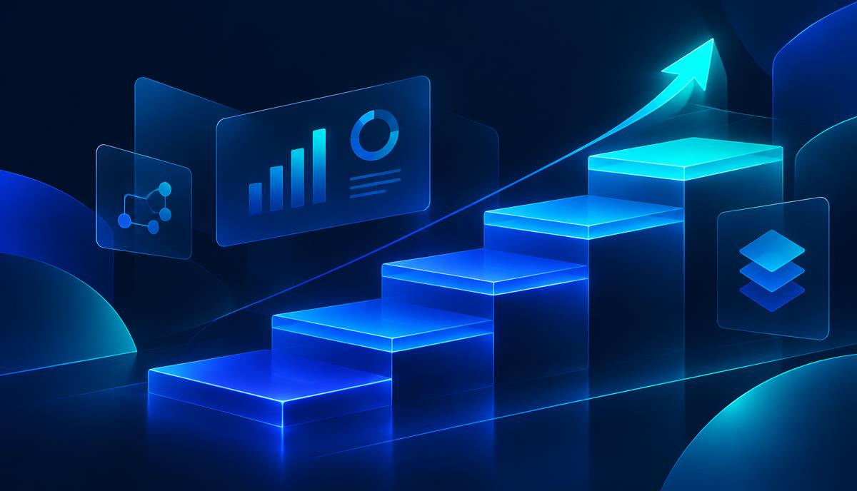 Abstract illustration of glowing blue steps rising with an upward arrow